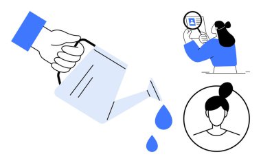 Kişisel veri yönetimi. Semboller aracılığıyla görsel tema veri gizliliği bir sulama kutusu, dijital profil ve analitik araçları işaret eder. Kişisel veri koruması, kullanıcı güvenliği, çevrimiçi mahremiyet, büyük veri