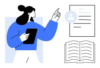 Data analysis, document management, business strategy, digital workflow, education technology, office work. Woman with a tablet gestures towards a document. Data analysis and document management