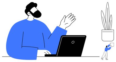 Uzaktan çalışma konsepti. Bilgisayardaki çevrimiçi aktivitelere katılan kişi, uzaktan çalışma ve dijital işbirliği. Uzaktan çalışma verimliliği ve takım iletişimi. Teknoloji, serbest çalışma ve iş için.