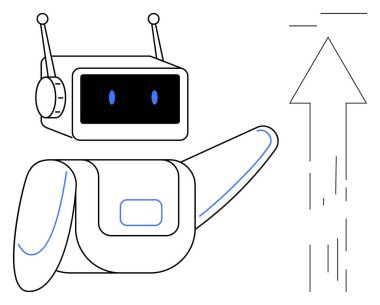 Artificial intelligence, robotics, technology development, innovation, futuristic concepts, automation. Robot character with antennas gesturing toward an upward arrow. Artificial intelligence