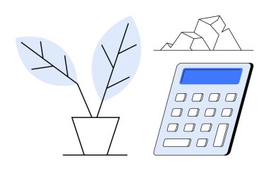 Sürdürülebilirlik, kişisel finans, çevre dostu yaşam, bütçe belirleme, çevresel farkındalık, soyut sanat. Bir saksı bitkisi, bir hesap makinesi ve geometrik şekiller. Sürdürülebilirlik ve kişisel