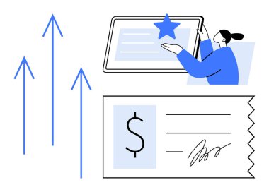 Finansal büyüme, ticari yenilik, dijital ekonomi, başarı planlama, e-ticaret, işlemler. Yükselen oklar, imzalı bir çek ve dijital tabletle etkileşime geçen bir kişi. Mali büyüme