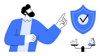 İş güvenliği kavramı. İş güvenliği kalkanla, mali denge terazisiyle ve karar mekanizmasıyla vurgulandı. İş güvenliği güvenli varlıklar sağlar. Finansal planlama ve güvenlik için mükemmel