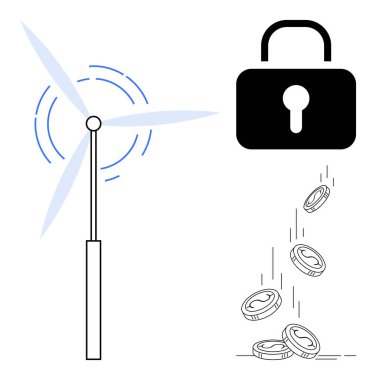 Yenilenebilir enerji, siber güvenlik, dijital ekonomi, sürdürülebilir kalkınma, para akışı, finansal güvenlik. Dönen bıçaklı rüzgar türbini, düşen asma kilit paraları. Yenilenebilir enerji