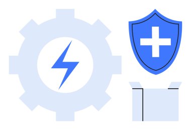 Teknoloji, sağlık, koruma, dağıtım, lojistik, yenilik. Yıldırımlı vites, çapraz açık kutulu kalkan. Sembolik elementlerle sunulan teknoloji ve sağlık kavramları