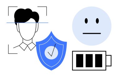 Kimlik doğrulama, siber güvenlik, kullanıcı doğrulaması, veri koruması, yüz tanıma, pil ömrü. Yüz hatları, işaretli, soyut pil ikonu olan bir kalkan. Kimlik