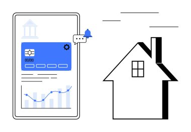 Gayrimenkul işlemleri, çevrimiçi bankacılık, mülkiyet denetimi, dijital finans, yatırım araçları, mobil teknoloji. Taşınabilir arayüz bir ev simgesinin yanında istatistik ve çizelgeleri gösteriyor. Emlak