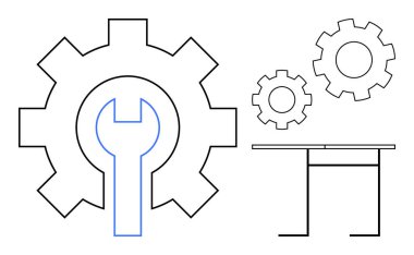 Üretim, mühendislik, teknik onarım, mekanik, işyeri, işlem optimizasyonu. İngiliz anahtarıyla büyük bir dişli iyonu ve iki küçük dişli masa. Üretkenlik ve mühendislik kavramı
