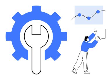 İş çözümleri. İngiliz anahtarı aletli vites, elementleri yöneten adam ve analizi gösteren grafik. Yönetim, pazarlama, veri, geliştirme ve sorun çözme için iş çözümleri