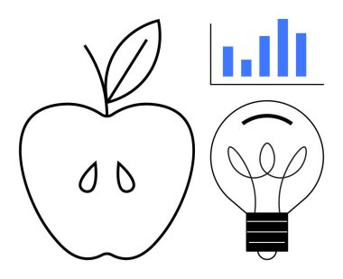 Yenilik, verimlilik, veri analizi, iş büyümesi, eğitim, yaratıcılık. Minimalist elma, ampul ve çubuk grafik tasarımı. Yenilik ve verimlilik görsel kavram