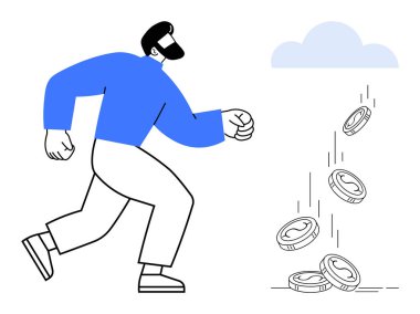 Finansal başarı, bulut hesaplama, yatırım stratejileri, ekonomik büyüme, dijital para birimi, zenginlik üretimi. Adam buluttan düşen paralara doğru yürüyor. Finansal başarı ve bulut hesaplaması