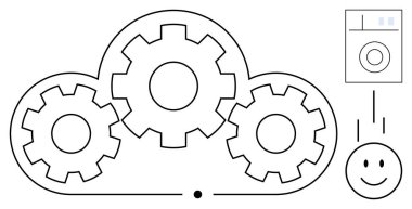 Bulut hesaplama konsepti. Bulut dişli mekanizmaları bulut hesaplamasında dijital süreçler. Yenilik, veri depolama, otomasyon, işbirlikçi çözümler ve teknoloji için bulut hesaplaması
