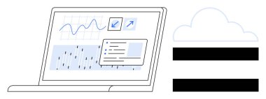 Bir bulut simgesinin yanında grafik, grafik ve arayüz elementlerini gösteren bir dizüstü bilgisayar. Veri analizi, bulut depolama, analitik, teknoloji, üretkenlik araçları, finans sektörü zekası için ideal