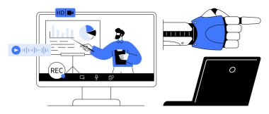 Çevrimiçi eğitim, iş analizi, teknoloji yeniliği, uzaktan çalışma, yapay zeka yardımı, video kaydı. Görüntü ekranını gösteren bir robot. Çevrimiçi eğitim ve iş analizi kavramı