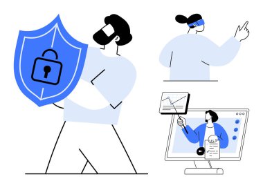 Veri güvenliği kavramı. Resimler, koruma sağlayan bir kalkan sembolü ve dijital araçlarla veri güvenliğini resmediyor. Teknolojide veri güvenliği, siber güvenlik, çevrimiçi politika, eğitim, bilişim