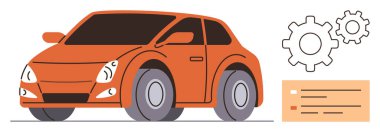 Otomotiv endüstrisi, araba tasarımı, araç bakımı, teknoloji, yenilik, mühendislik. İki vitesli ve çizelgesi olan turuncu bir araba. Otomotiv teknolojisi ve yenilik kavramı