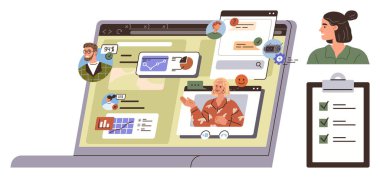 Uzaktan çalışma, takım iletişimi, dijital iş akışı, çevrimiçi kurslar, iş planlaması, sanal toplantılar. Bilgisayarda görüntülü aramalar, çizelgeler ve kontrol listesi var. Uzak çalışma ve takım