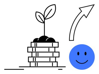 Finansal büyüme kavramı. Büyüyen bir bitkiye sahip bozuk para yığını, ilerlemeyi gösteren yukarı doğru ok, ve mutlu bir yüz başarısı ve pozitifliği. Finans, iş, yatırım ve sürdürülebilirlik için