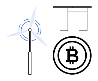 Yenilenebilir enerji, kripto para, sürdürülebilirlik, yenilik, modern teknoloji, tasarım. Rüzgar türbini, Bitcoin sembolü modern masa tasarımı. Yenilenebilir enerji ve kripto para birimi kavramı