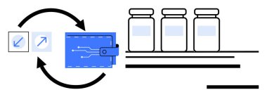 Dijital ödemeler, finansal işlemler, tıbbi malzemeler, e-ticaret, ilaç tedarik zinciri, dijital sağlık hizmetleri. Devre dizaynlı cüzdan, oklar ve ilaç şişeleri. Dijital ödemeler