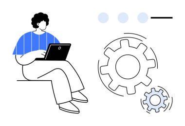 Teknoloji, yenilik, iş akışı otomasyonu, dijital dönüşüm, sistem düşüncesi, mühendislik tasarımı. Büyük vites simgelerinin yanında dizüstü bilgisayarı olan biri. Teknoloji ve yenilik kavramları