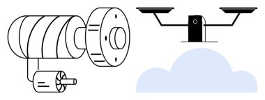 Siber güvenlik, bulut bilgisayarı, izleme teknolojisi, veri güvenliği, gizlilik yönetimi, uzaktan izleme. Kamera ve bulut çizimi. Siber güvenlik ve bulut hesaplama kavramı