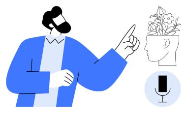 Bir mikrofon ikonu ile birlikte gelişmeyi ve yaratıcılığı sembolize eden, çiçek açan bir kafaya el sallayan bir adam. Yenilik, eğitim, yaratıcılık, topluluk önünde konuşma, psikoloji, iletişim, farkındalık için ideal