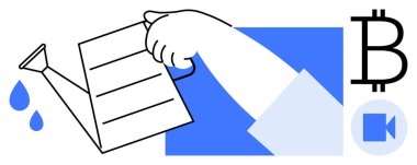 Kripto para birimi, engelleme zinciri, fintech, dijital yatırım, çevrimiçi finansal büyüme, video içeriği. Kağıt üzerine su döken bir el, video ikonunun yanında Bitcoin sembolü. Kripto para birimi ve engelleme zinciri