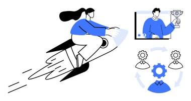 Büyümeyi ve yeniliği gösteren bir rokete binen kadın karakter, sanal olarak ödüllendirilen meslektaşı, takım çalışması ve üretkenlik sergileyen dişliler. Liderlik ve girişimcilik için ideal.