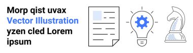 İş stratejisi, yenilik, problem çözme, planlama, yaratıcılık, fikirler. Belge, dişli ampul ve satranç şövalyesi. Strateji ve yenilik kavramları