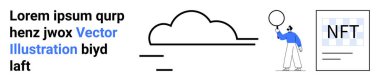 Basit çizgileri olan bulut, balonu tutan şahıs, NFT posteri vurgulandı. Yaratıcılık için ideal, dijital varlıklar, engelleme zinciri, modern teknoloji, yenilik, internet kültürü basit iniş sayfası