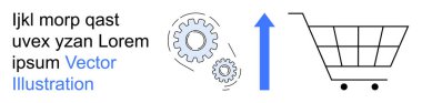 Çevrimiçi alışveriş, iş büyümesi, otomasyon, e-ticaret, süreç iyileştirme, dijital perakende satış. Yukarı doğru ok ve vites mekanizması çizimi olan alışveriş arabası. E-ticaret ve iş büyüme kavramı