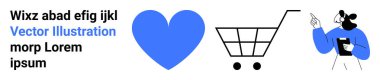 E-ticaret, alışveriş, müşteri etkileşimi, online alışverişler, perakende satış, aşk ve alışveriş konsepti. Mavi kalp, alışveriş arabası tutan adam. E-ticaret ve alışveriş fikirleri konsepti