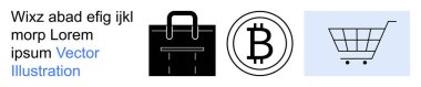 Alışveriş, e-ticaret, kripto para, dijital ödemeler, çevrimiçi alışverişler, perakende sektörü. Siyah çanta, Bitcoin sembolü ve alışveriş arabası. Alışveriş ve kripto para birimi kavramları