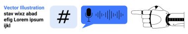 Robot el gösterimi, üstveri etiketi simgesi, ses dalgalı konuşma balonu. Yapay zeka, iletişim, dijital medya, otomasyon, yenilik, sosyal medya sade iniş sayfası için ideal