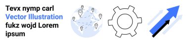 Globe with location markers, gear representing process automation, and two upward arrows signifying growth. Ideal for technology, logistics, data, development, innovation, business simple landing