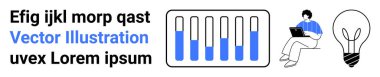 İlerleme seviyeli çubuk grafik, dizüstü bilgisayarda çalışan kişi ve fikirleri sembolize eden ampul. Veri analizi, yenilik, üretkenlik, yaratıcılık, uzaktan çalışma, teknoloji ve basit bir