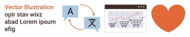 Dil çevirisi, e-ticaret, küresel ticaret, analitik, tüketici katılımı, pazarlama stratejisi. Tercüme simgeleri, alışveriş arabaları, kalp. Çeviri ve e-ticaret kavramsal