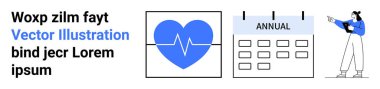 Kalp atışı çizgisi, yıllık takvim ve tablette sunulan kadın karakter. Sağlık, programlama, sunumlar, eğitim, yıllık raporlar, iş yeri planlaması için ideal