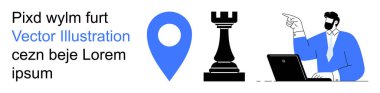 İş stratejisi, seyrüsefer planlaması, ofis profesyonelliği, takım çalışması, karar verme, hedef belirleme. Mavi lokasyon iğnesi, satranç kalesi uzmanı dizüstü bilgisayarı işaret ediyor. İş stratejisi