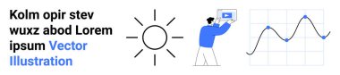 Güneş simgesi, elinde video olan kişi, çizgi grafik veri eğilimi. Eğitim, teknoloji, analitik, yaratıcılık, yenilik, çevrimiçi öğrenme için ideal minimum indirme sayfası