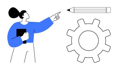 Yaratıcılık, iş planlaması, iş akışı yönetimi, tasarım stratejisi, takım çalışması, yenilik. Kalem ve teçhizata bakan kadın. Yaratıcılık ve iş planlama kavramı