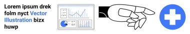 Veri analizi grafiklerini gösteren el hareketi ve mavi bir tıbbi haç simgesi. Sağlık, analitik, yön, veri, tıbbi rehberlik, teknoloji veya basit bir iniş sayfası için ideal