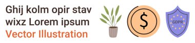 Finans, veri koruması, GDPR, iş güvenliği, tasarruf ve büyüme. Bir bitki, GDPR etiketli bir kalkan ve bir dolar para. Parasal sistemlerin ve mahremiyetin görsel finans ve veri koruması