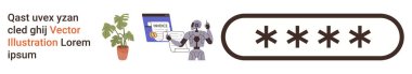 Dijital güvenlik, şifre koruması, çevrimiçi güvenlik, yapay zeka yardımı, teknoloji, doğa. Şifreleme simgesi ve bitkinin yanındaki şifreleri kontrol eden robot. Dijital güvenlik ve şifre koruma kavramı