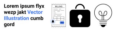 Finansal teknoloji, ödeme güvenliği, fatura sistemleri, yenilik, yaratıcılık, çevrimiçi işlemler. Görüntü bir fiş, kilit ve ampul gösteriyor. Ödeme güvenliği ve finans teknolojisi