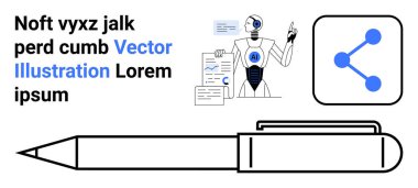 Yapay zeka, iletişim, veri paylaşımı, teknoloji, eğitim, yaratıcılık. Paylaşımcı ikon ve kalemle veri sunan bir robot. Yapay zeka ve iletişim konsepti