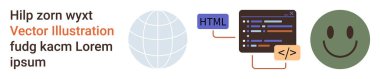 Web geliştirme, programlama, küresel iletişim, kodlama becerileri, olumlu zihniyet, arayüz tasarımı. İyon, küreyi, kod sembollerini ve mutlu yüzü içerir. Web geliştirme ve küresel iletişim