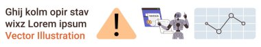 Veri güvenliği, yapay zeka, analitik, otomasyon, risk yönetimi, siber farkındalık. Uyarı üçgeni, robot figürü grafiği ve kimliği. Veri güvenliği ve yapay zeka kavramları