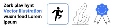 Fitness, başarı, çevre bilinci tasarımı, spor, açık hava aktiviteleri, ödül tanıma. Siyah figür simgesi, soyut yaprak mavisi rozet. Zindelik ve başarı vurgulandı